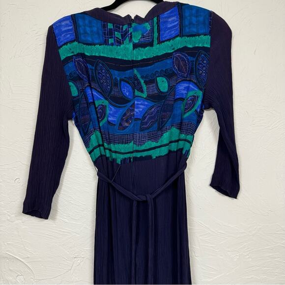 Vintage Blue Crepe Midi Dress Womens 8 80s Embroidered Short Sleeve Green Fall - Picture 2 of 10